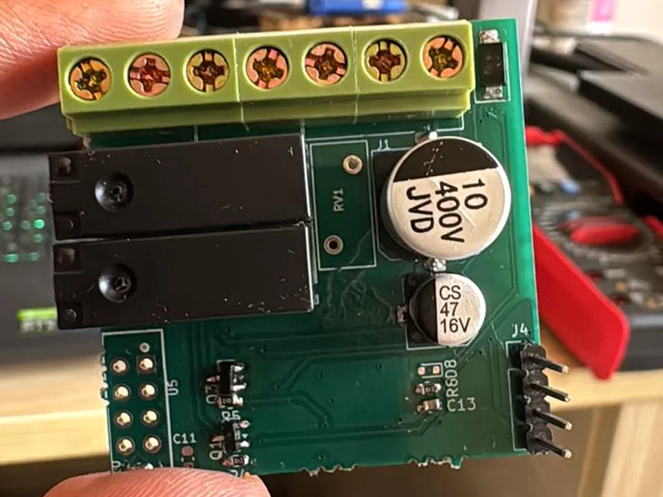 Assembled InviSwitch prototype PCB with two relays and screw terminals